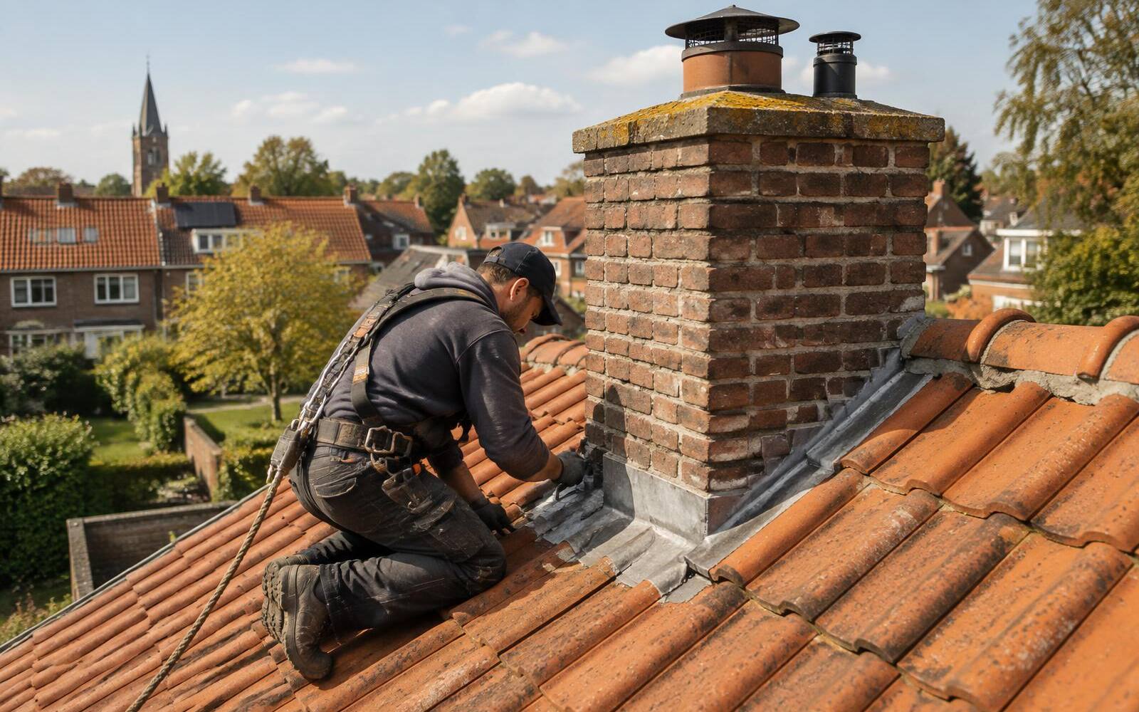 Dakdekker werkt aan de voet van een bakstenen schoorsteen