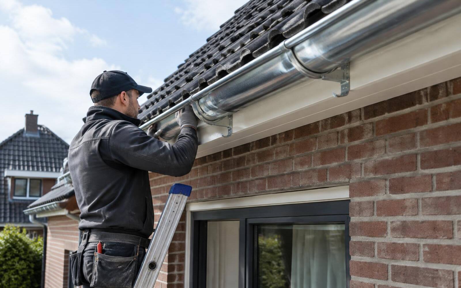 Nieuwe zinken dakgoot wordt op nieuwe beugels gemonteerd