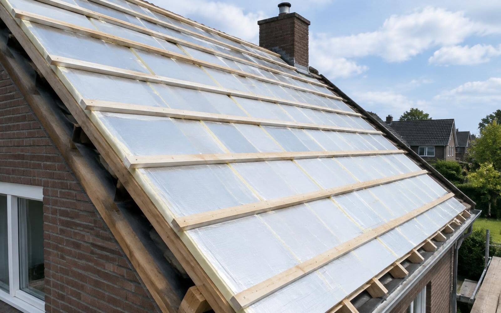 Isolatieplaten van buitenaf op de spanten met nieuwe tengels