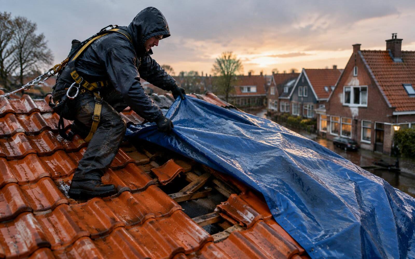 Dakdekker legt bij regen een noodzeil over een beschadigd pannendak
