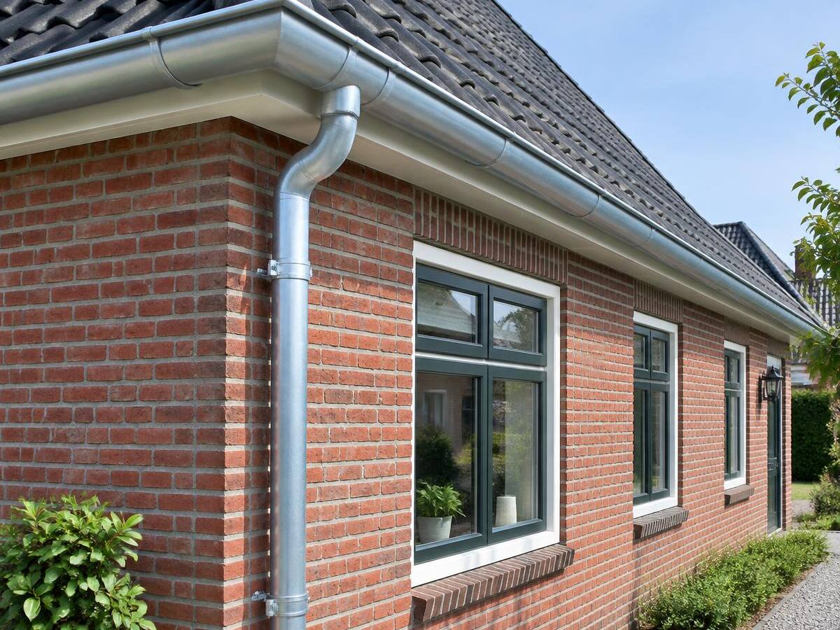 Nieuwe zinken dakgoot en regenpijp aan een bakstenen woning