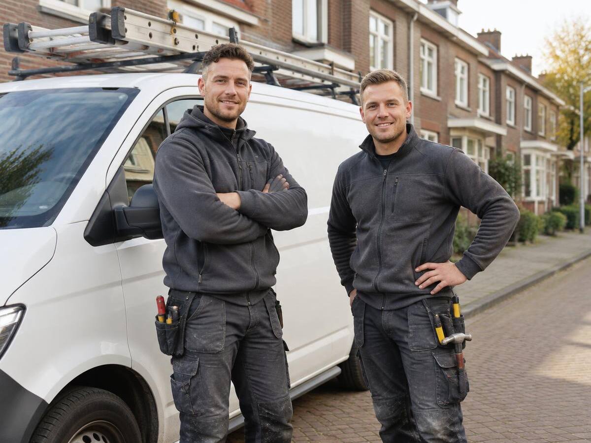 Twee dakdekkers naast hun witte bedrijfsbus in een woonstraat