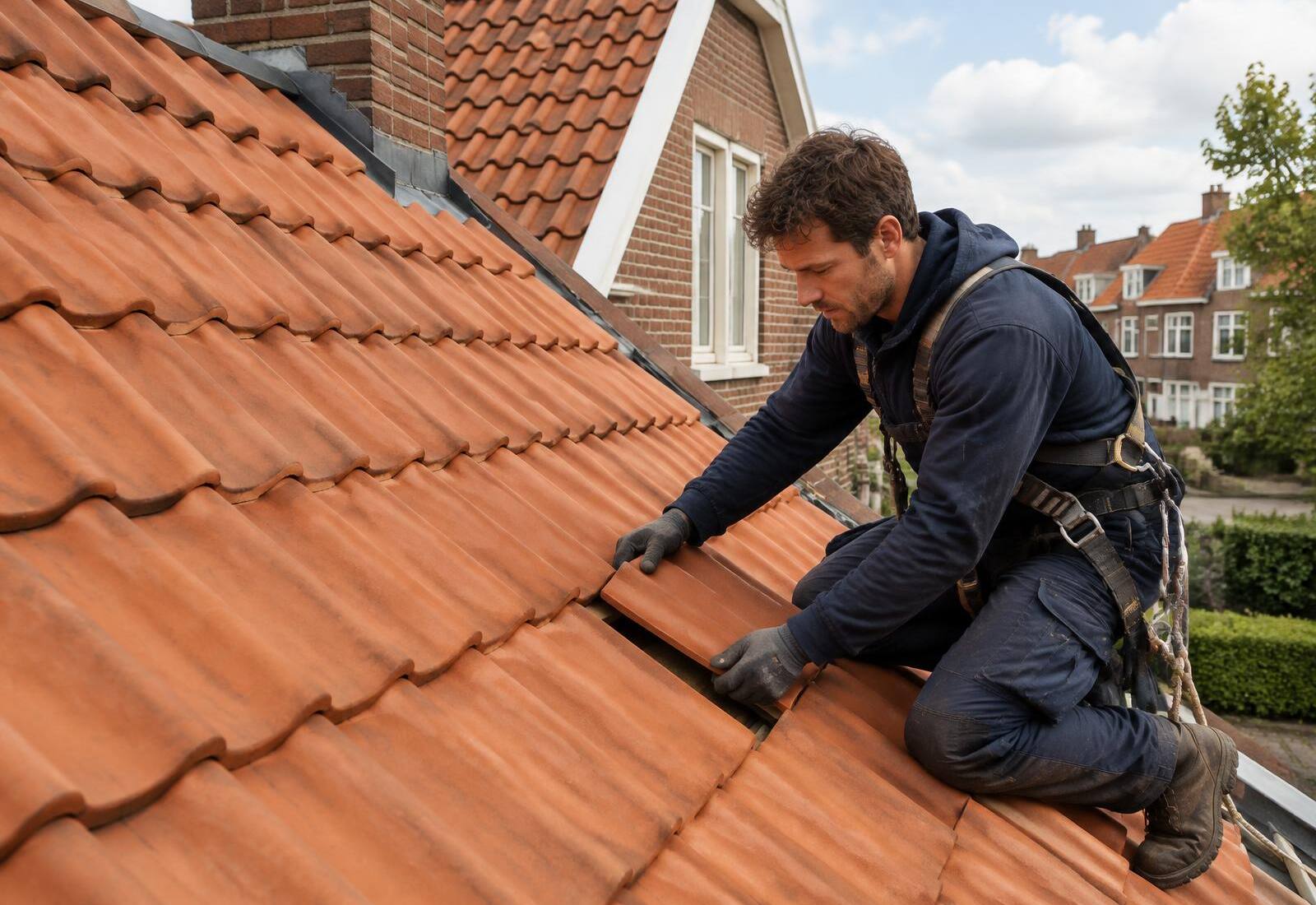 Dakdekker legt een dakpan op een pannendak van een jaren 30 woning