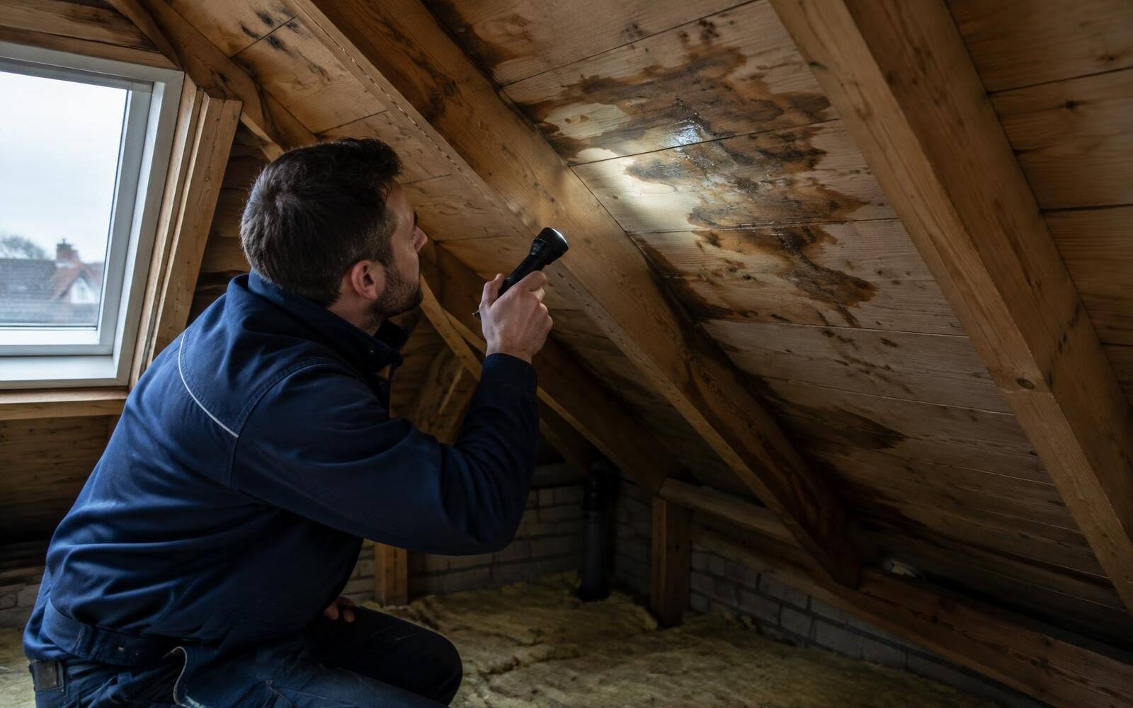 Dakdekker schijnt met een zaklamp op een vochtplek op het dakbeschot