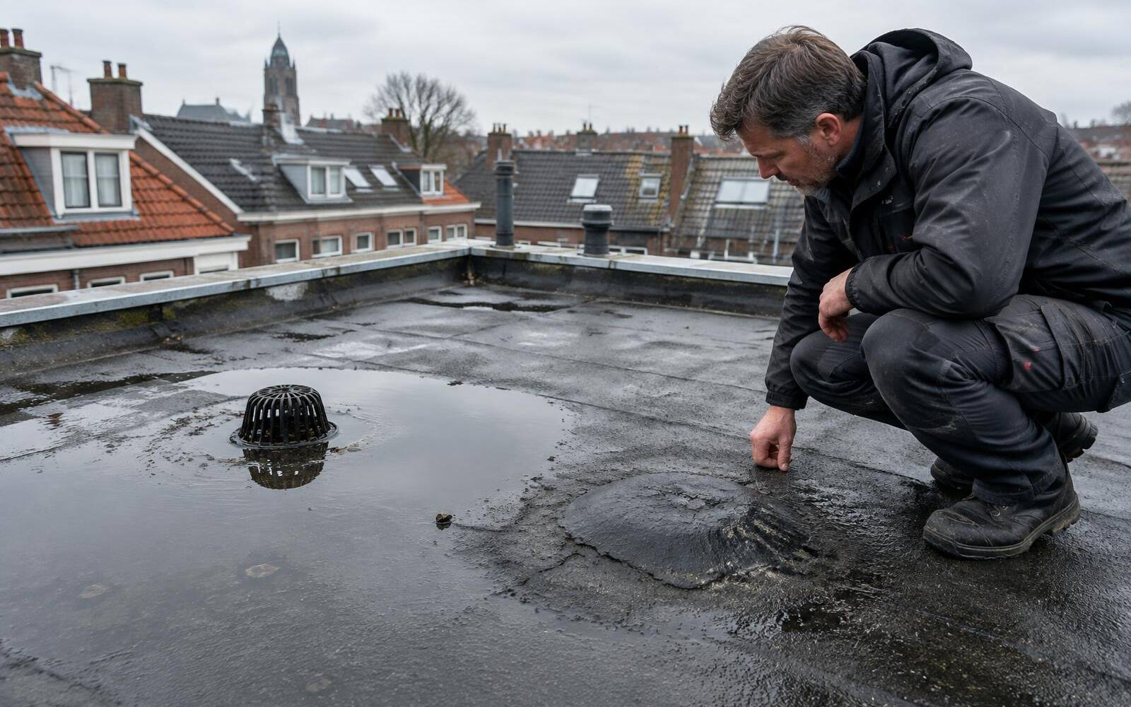 Plat dak met plas water bij de afvoer en een blaas in de bitumen